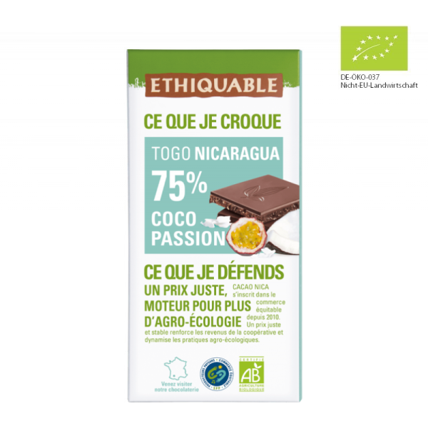 Noir-Schokolade 75% Togo/Nicaragua Kokos-Maracuja (bio), 100g