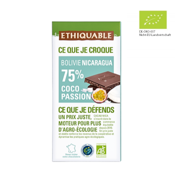 Noir-Schokolade 75% Bolivien/Nicaragua Kokos-Maracuja (bio), 100g